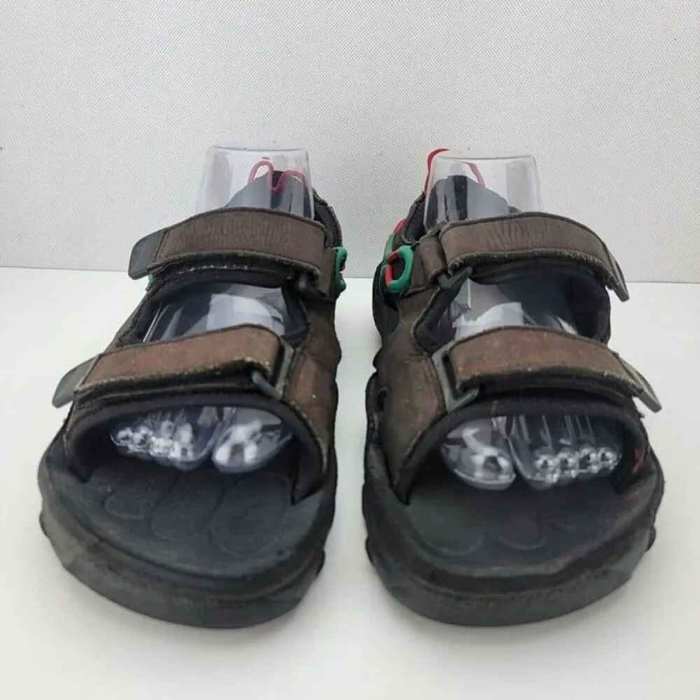 Lands End Kids Size 8 Brown Green Red Leather Hook Loop Outdoors Sandals